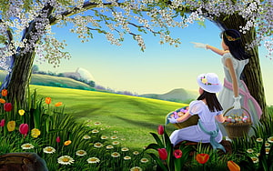 Two Girls Enjoying a Spring Day in a Blossoming Meadow with Easter Eggs HD wallpaper