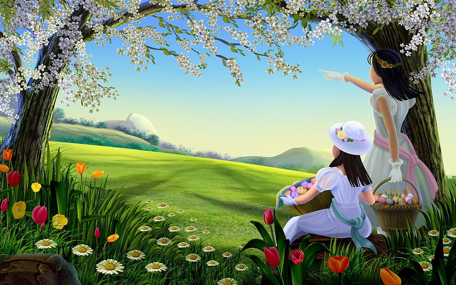 Two Girls Enjoying a Spring Day in a Blossoming Meadow with Easter Eggs HD wallpaper