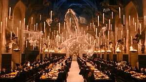 Harry Potter Hogwarts Great Hall Feast with Floating Candles and Enchanted Ceiling HD wallpaper