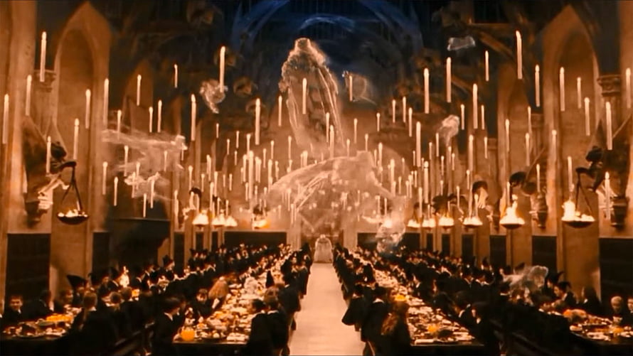 Harry Potter Hogwarts Great Hall Feast with Floating Candles and Enchanted Ceiling HD wallpaper