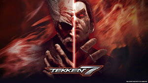 Tekken 7 Split Face Character Poster with Fiery Red Background and Glowing Logo HD wallpaper