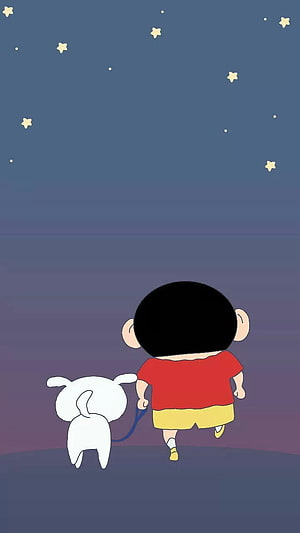 Shin-chan Walking His White Dog Under a Starry Night Sky HD phone wallpaper
