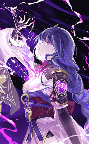 Raiden Shogun wielding electro energy in a dynamic anime style illustration with purple lightning effects HD phone wallpaper