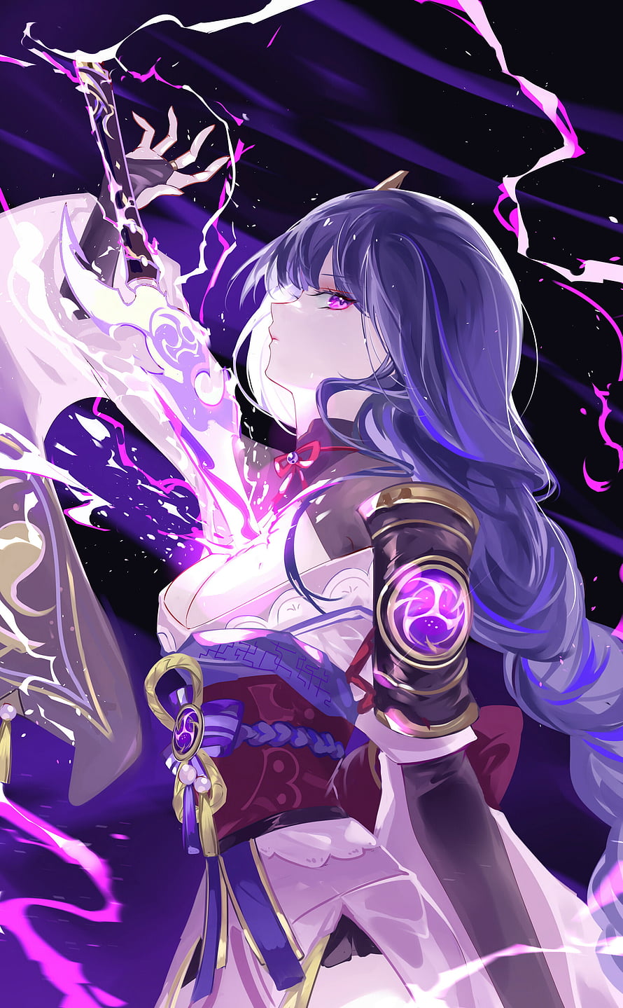 Raiden Shogun wielding electro energy in a dynamic anime style illustration with purple lightning effects HD phone wallpaper