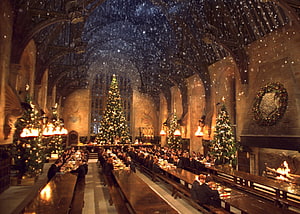 Harry Potter Great Hall Christmas Feast with Snowfall and Decorated Trees HD wallpaper