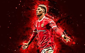 Marcus Rashford in Manchester United Home Kit with Dramatic Red Ink Splash Background HD wallpaper