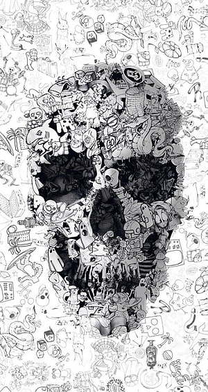 Intricate Black And White Skull Illustration Composed Of Doodles And Sketches HD phone wallpaper