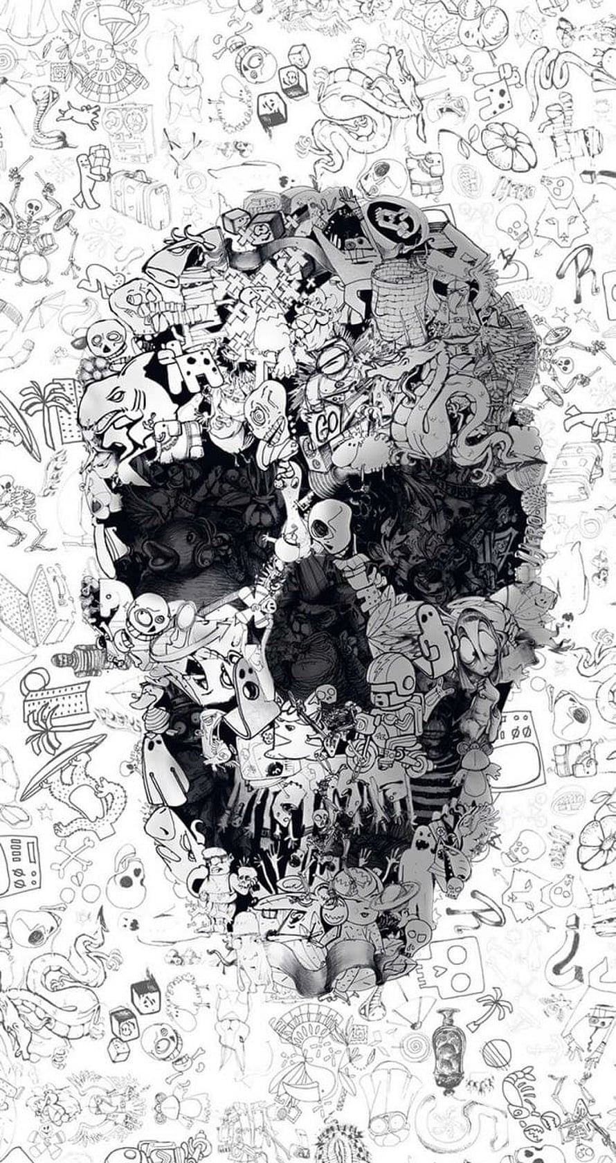 Intricate Black And White Skull Illustration Composed Of Doodles And Sketches HD phone wallpaper