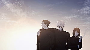 Jujutsu Kaisen Characters Satoru Gojo Shoko Ieiri and Suguru Geto in Black Uniforms HD wallpaper