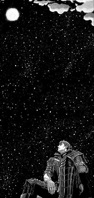 Guts from Berserk manga sitting alone under a vast starry night sky with the moon, Guts, sky, midnight, Anime, manga, Berserk, Puck, Kentaro-Miura HD phone wallpaper