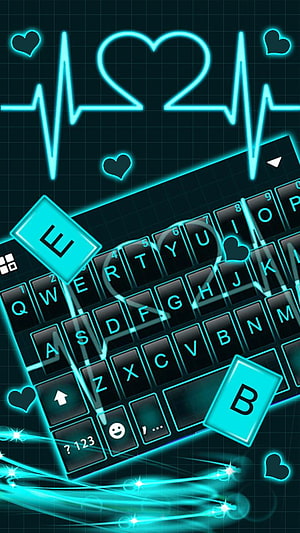 Neon Blue Heartbeat EKG Line Over QWERTY Keyboard With Floating Keys And Glowing Hearts HD phone wallpaper