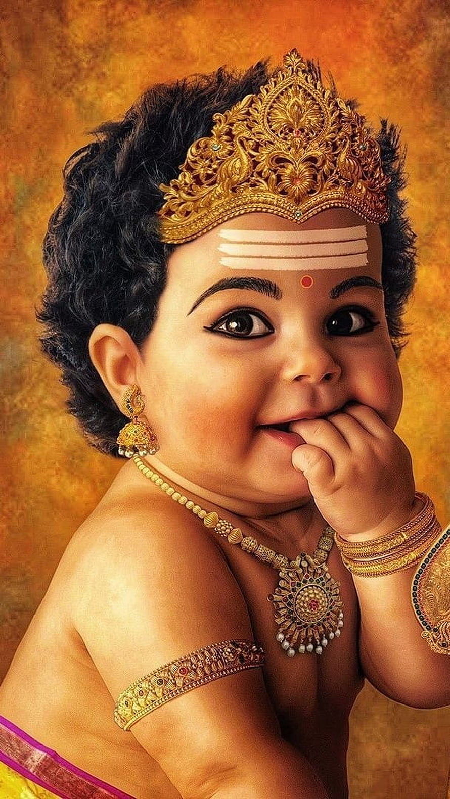 Baby Krishna Eating Butter with Golden Crown and Traditional Jewelry Portrait HD phone wallpaper