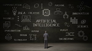 Businessman Standing Before Chalkboard Diagram of Artificial Intelligence Concepts, Artificial Intelligence, Artificial Intelligence Brain HD wallpaper