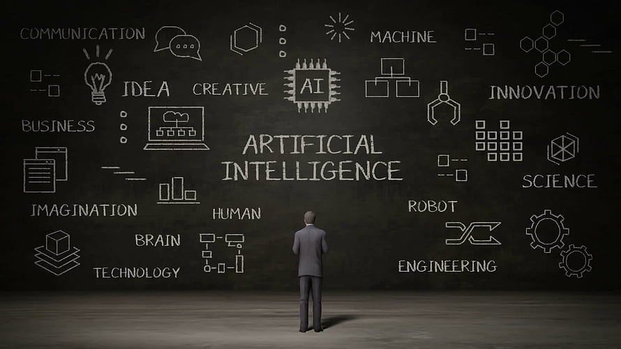 Businessman Standing Before Chalkboard Diagram of Artificial Intelligence Concepts, Artificial Intelligence, Artificial Intelligence Brain HD wallpaper