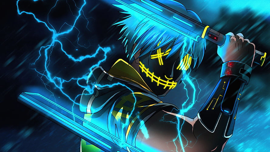 Blue-haired anime character with glowing yellow mask wielding dual swords amidst lightning HD wallpaper