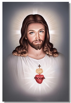 Sacred Portrait of Jesus Christ with Glowing Sacred Heart and Divine Light Rays HD phone wallpaper