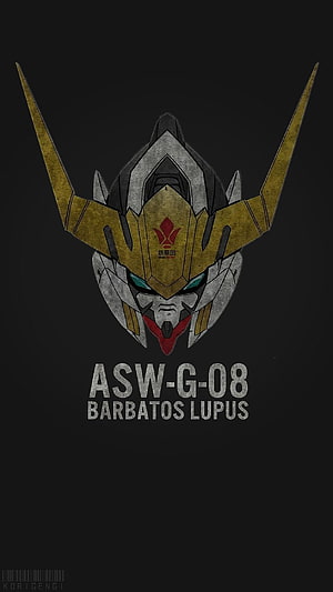 Gundam Barbatos Lupus Head Portrait with Gold Horns and Iron-Blooded Emblem on Black Background HD phone wallpaper