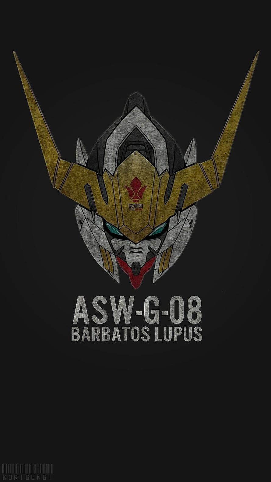 Gundam Barbatos Lupus Head Portrait with Gold Horns and Iron-Blooded Emblem on Black Background HD phone wallpaper