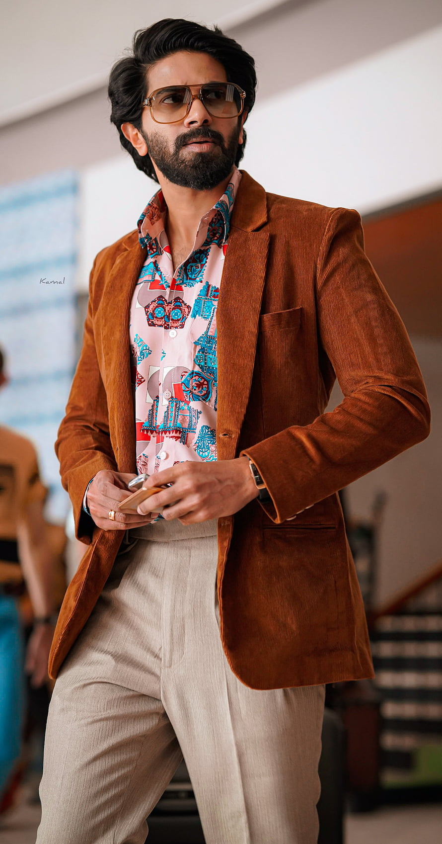 Dulquer Salmaan stylish look in brown corduroy blazer and patterned shirt HD phone wallpaper