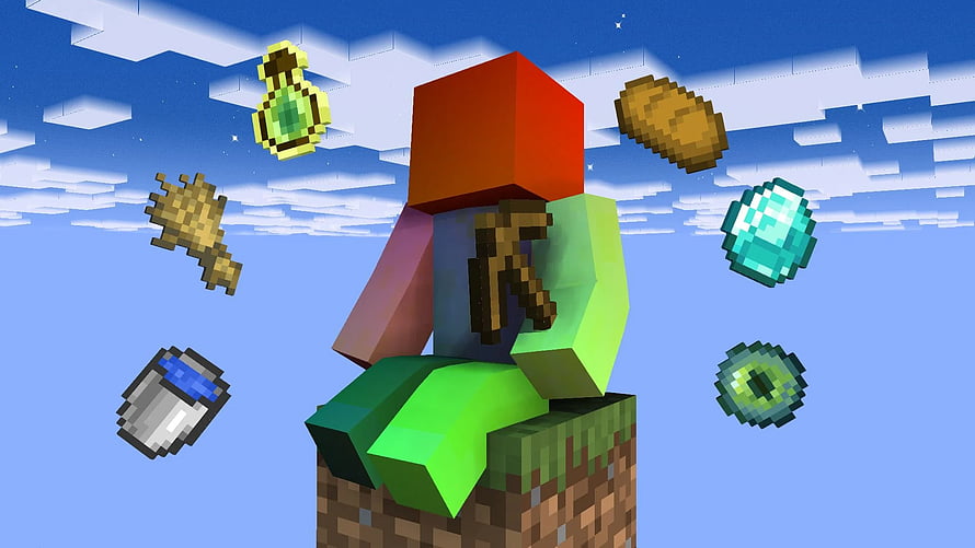 Minecraft Steve Character Sitting on Grass Block with Floating Items HD wallpaper