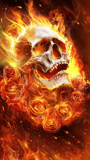 Flaming Human Skull with Burning Roses and Fiery Embers in Dark Fantasy Style, Flaming Skull - , Flaming Skull Background on Bat, Fire Skeleton HD phone wallpaper