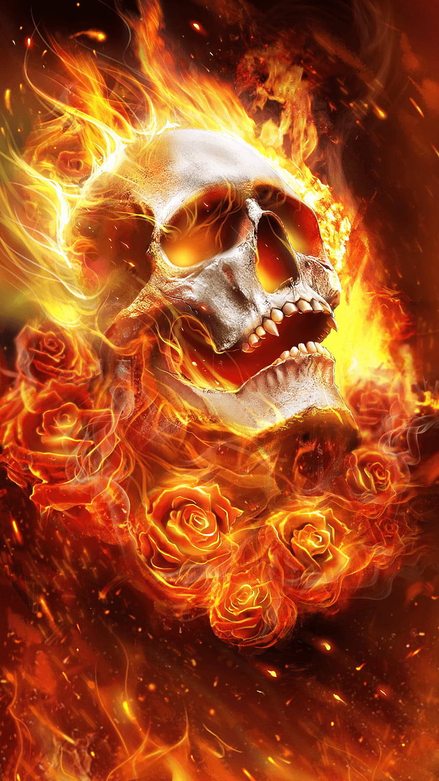 Flaming Human Skull with Burning Roses and Fiery Embers in Dark Fantasy Style, Flaming Skull - , Flaming Skull Background on Bat, Fire Skeleton HD phone wallpaper