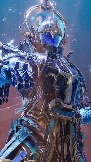 Fantasy Warrior in Ornate Blue and Gold Aquatic Armor Underwater HD phone wallpaper