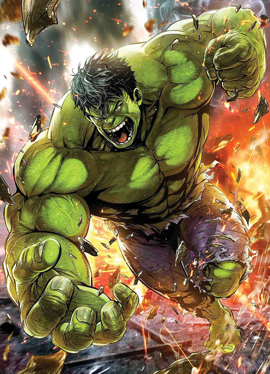 The Incredible Hulk Charging Forward in a Fiery Explosion of Debris and Rage HD phone wallpaper