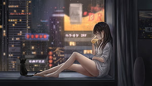 Anime Girl Drinking Wine on Window Sill with Black Cat in Rainy City Night HD wallpaper