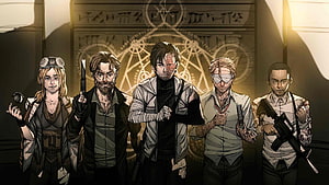 Five armed characters standing in front of a glowing occult symbol in a gritty comic art style HD wallpaper