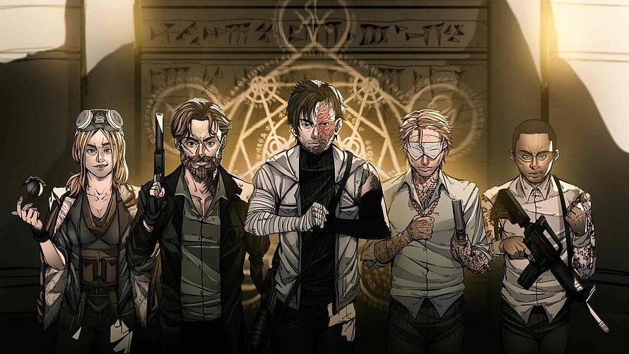 Five armed characters standing in front of a glowing occult symbol in a gritty comic art style HD wallpaper