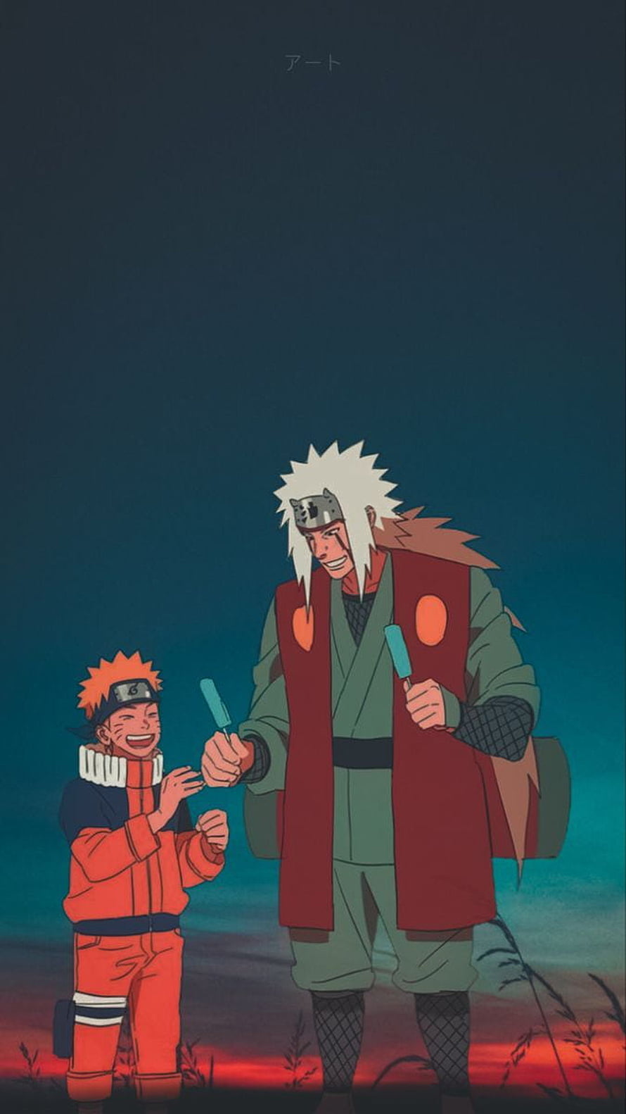 Naruto and Jiraiya Sharing Ice Cream at Sunset Anime Wallpaper HD phone wallpaper