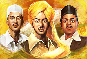 Portrait of Indian Freedom Fighters Bhagat Singh, Chandrashekhar Azad, and Sukhdev Thapar HD wallpaper
