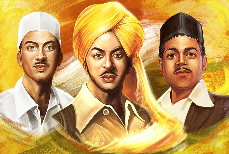 Portrait of Indian Freedom Fighters Bhagat Singh, Chandrashekhar Azad, and Sukhdev Thapar HD wallpaper