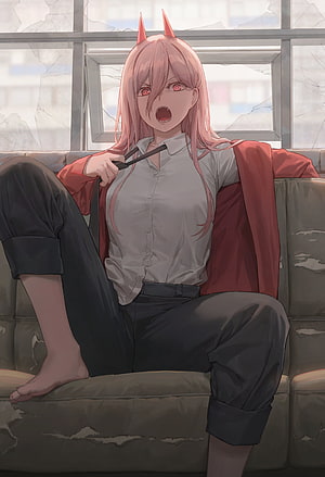 Zero Two from Darling in the Franxx anime character sitting on a worn couch with red jacket and glasses HD phone wallpaper