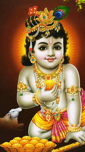 Laddu Gopal Krishna Devotional Portrait with Peacock Crown and Sweet Laddus HD phone wallpaper