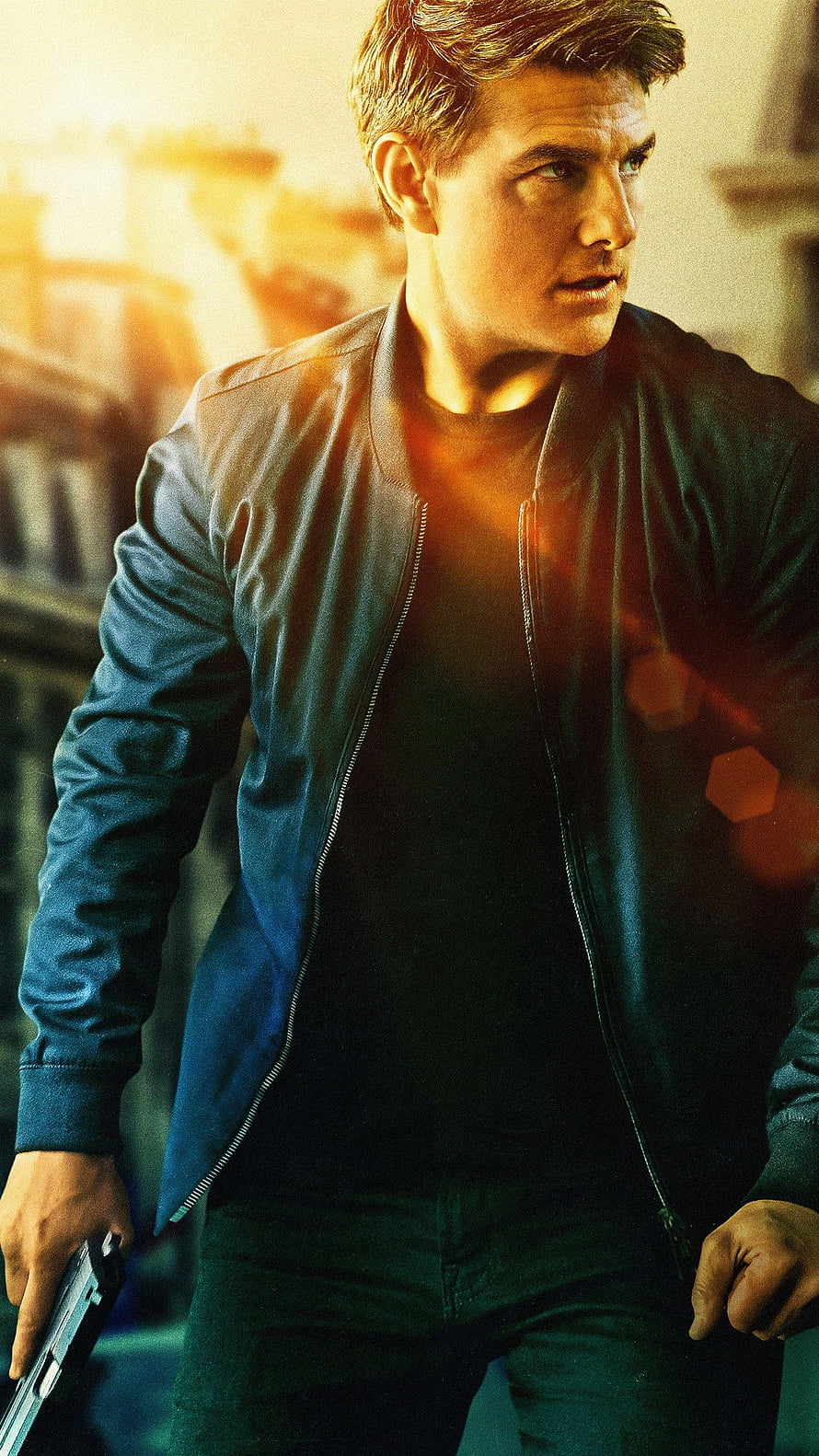 Tom Cruise in Mission Impossible Fallout Action Scene with Gun and Leather Jacket HD phone wallpaper