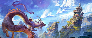 Majestic Chinese Dragon Soaring Past Mystical Mountain Temple HD wallpaper