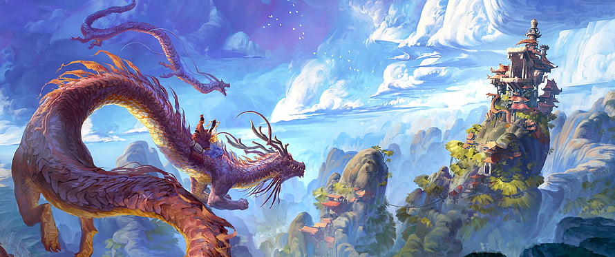 Majestic Chinese Dragon Soaring Past Mystical Mountain Temple HD wallpaper