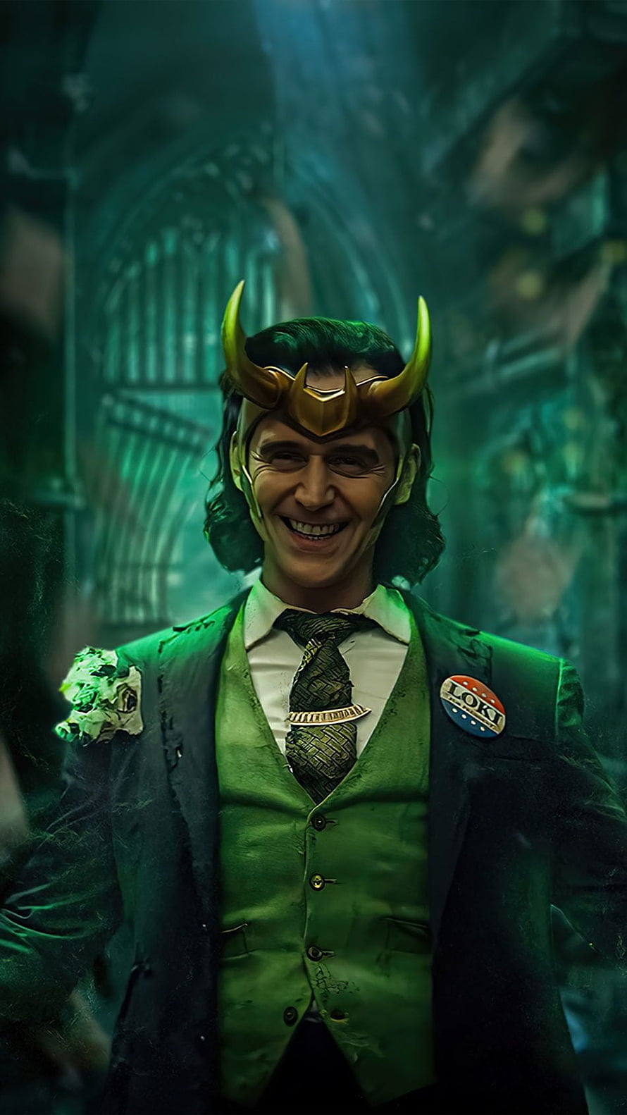 Loki God of Mischief in Green Suit and Horned Helmet Portrait HD phone wallpaper