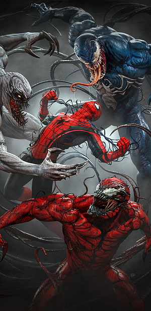 Spider-Man vs Venom, Carnage, and Anti-Venom in Epic Comic Battle, Venom Verse, , red, art, marvel, Motorola, carnage, Spiderman HD phone wallpaper