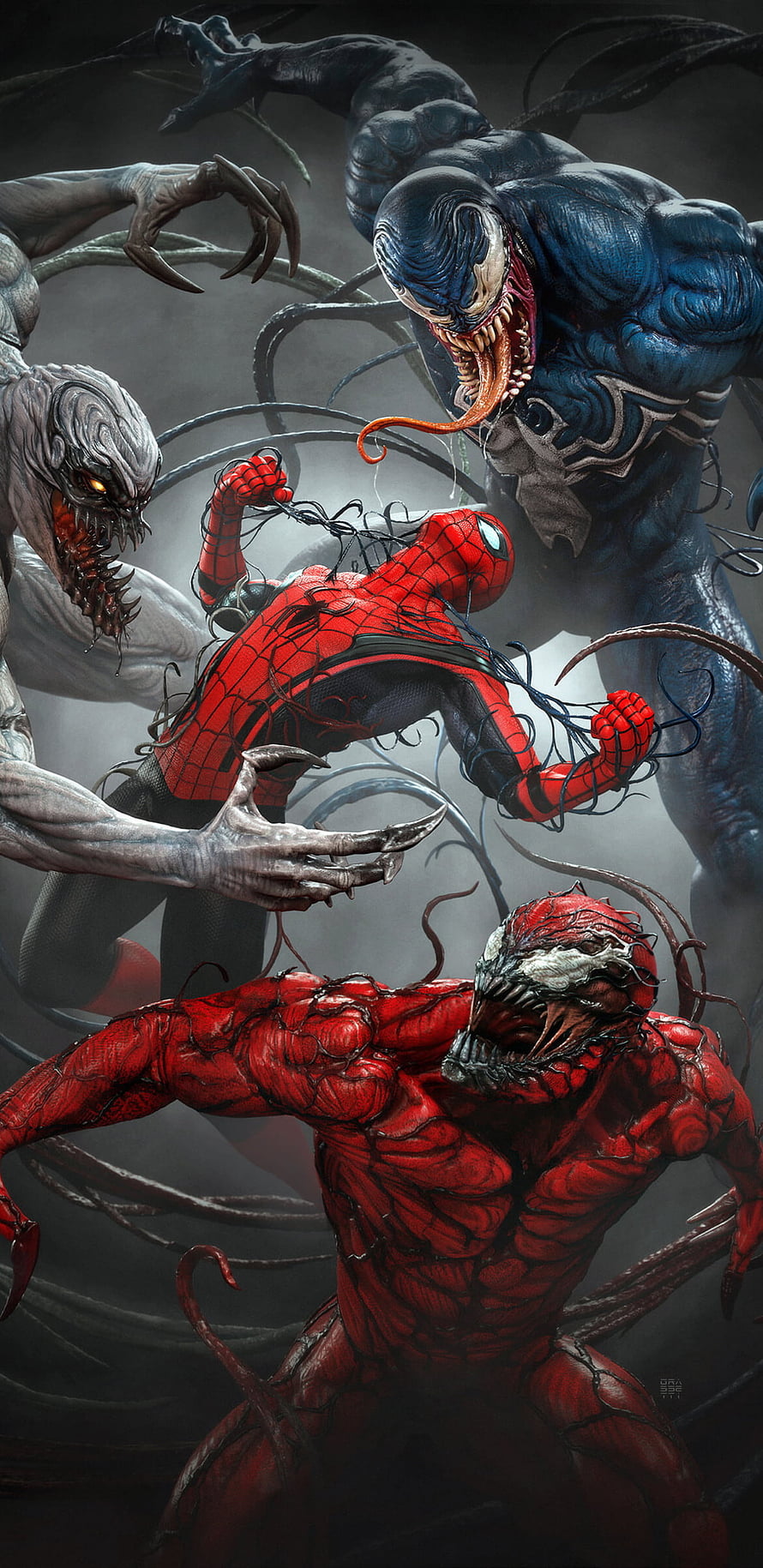 Spider-Man vs Venom, Carnage, and Anti-Venom in Epic Comic Battle, Venom Verse, , red, art, marvel, Motorola, carnage, Spiderman HD phone wallpaper