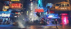 Cyberpunk City Street with Neon Signs and Flying Drone HD wallpaper