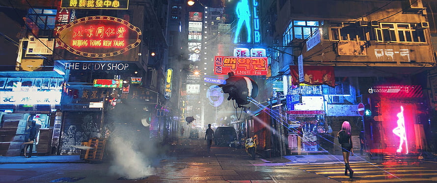 Cyberpunk City Street with Neon Signs and Flying Drone HD wallpaper