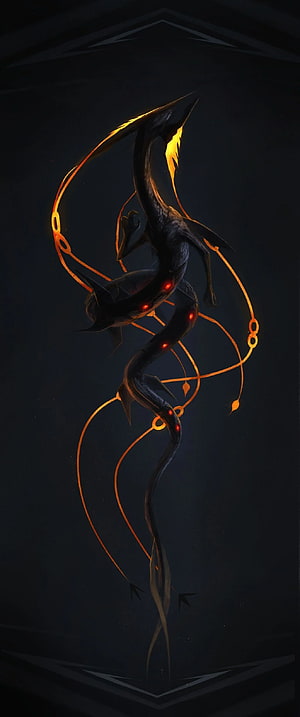 Shiny Mega Rayquaza with glowing orange energy tendrils and red markings on a dark background HD phone wallpaper