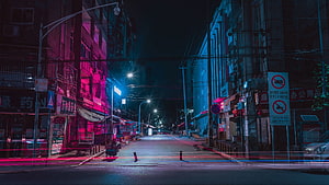 Neon-Lit Urban Street at Night with Cinematic Pink and Blue Lighting HD wallpaper