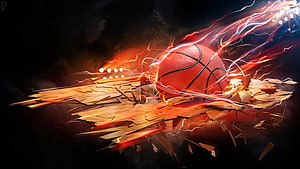 Flaming Basketball Shattering Wooden Floor With Electric Sparks And Fire HD wallpaper