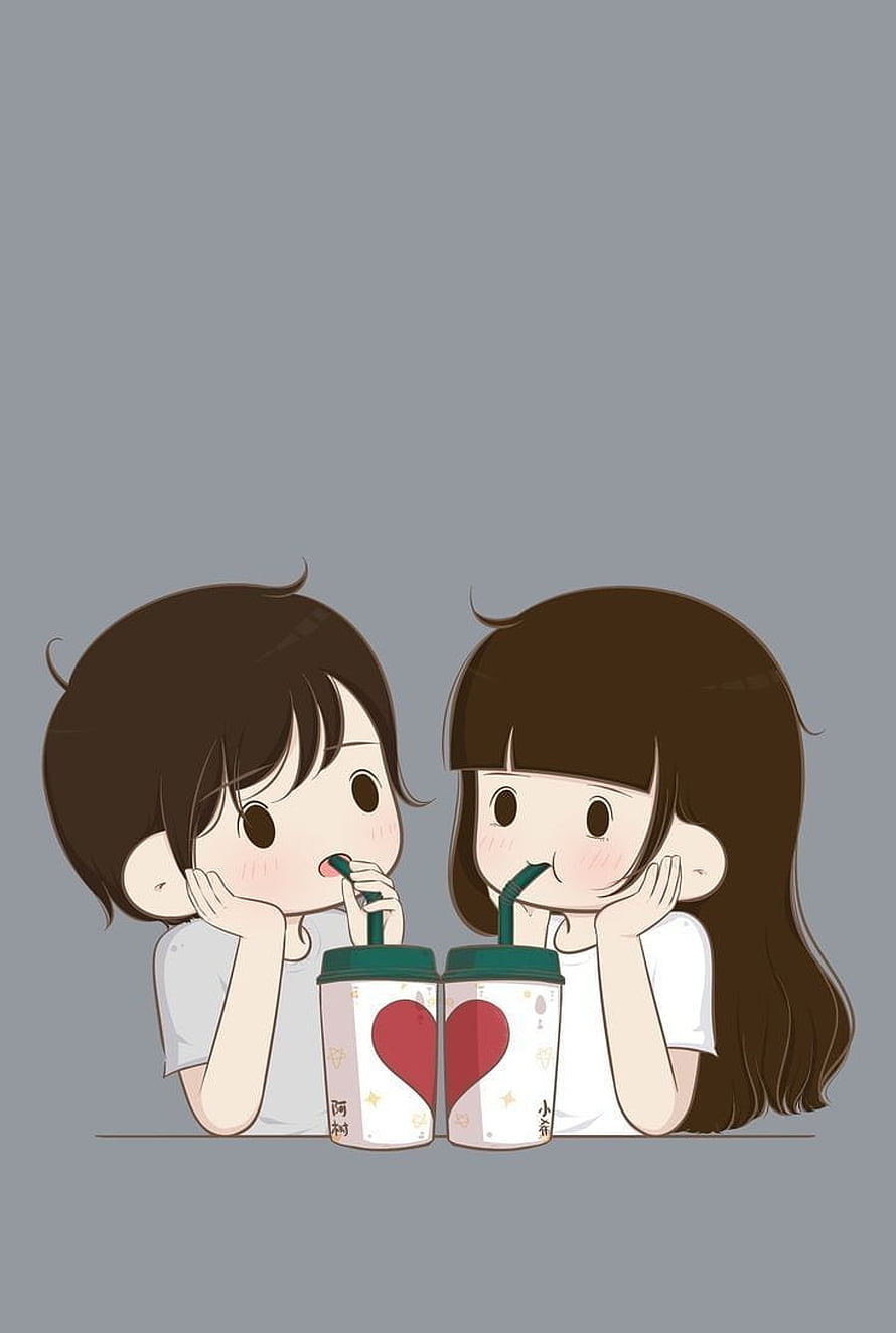 Cute cartoon couple sharing bubble tea with heart cups HD phone wallpaper