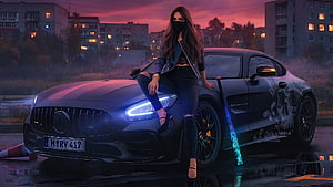 Woman in Black Mask Leaning on Matte Black Mercedes AMG GT at Sunset, Girl And Car, benz, Girl, mask, car HD wallpaper