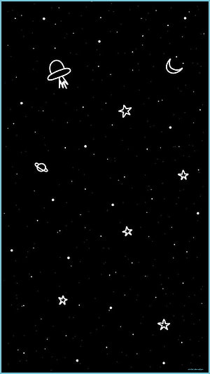 Minimalist Black Space Wallpaper with White Line Art Stars, Moon, and UFO HD phone wallpaper
